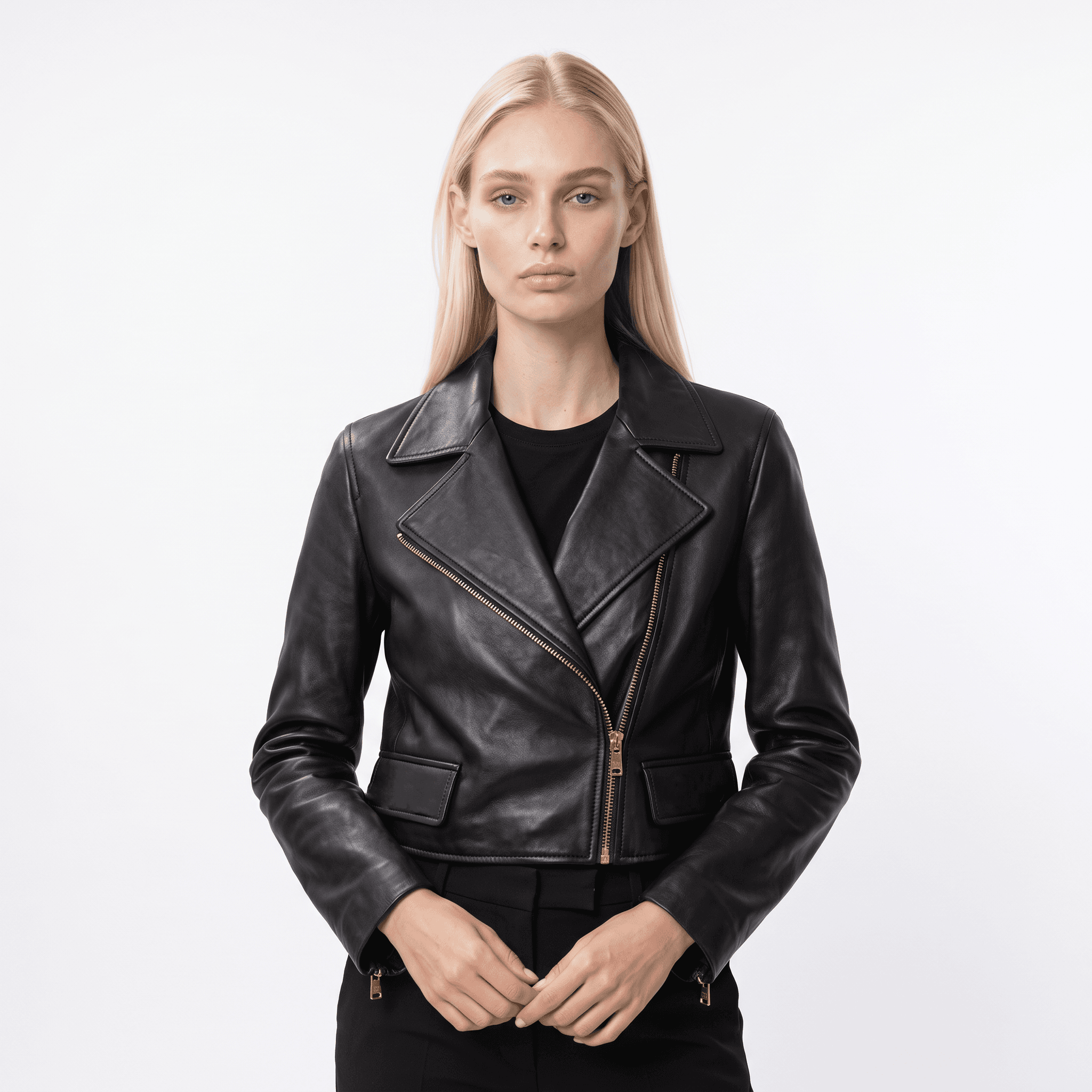 AI model wearing the black leather biker jacket, generated by ClothesLook