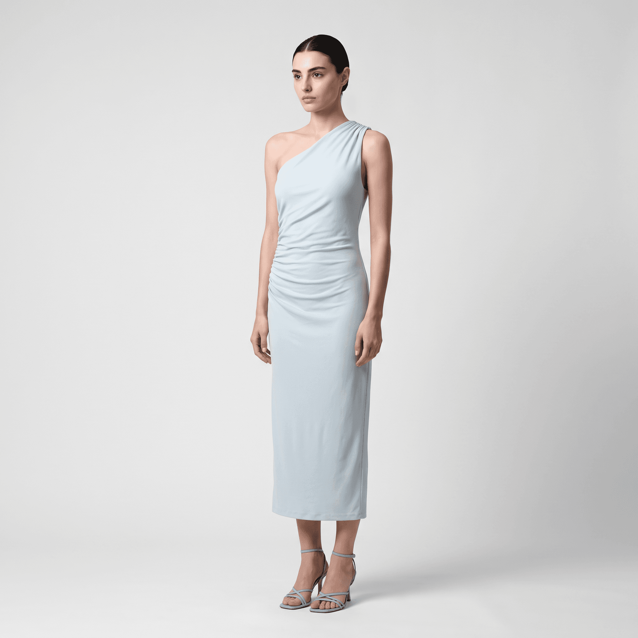 AI model wearing the water-blue draped dress, generated by ClothesLook