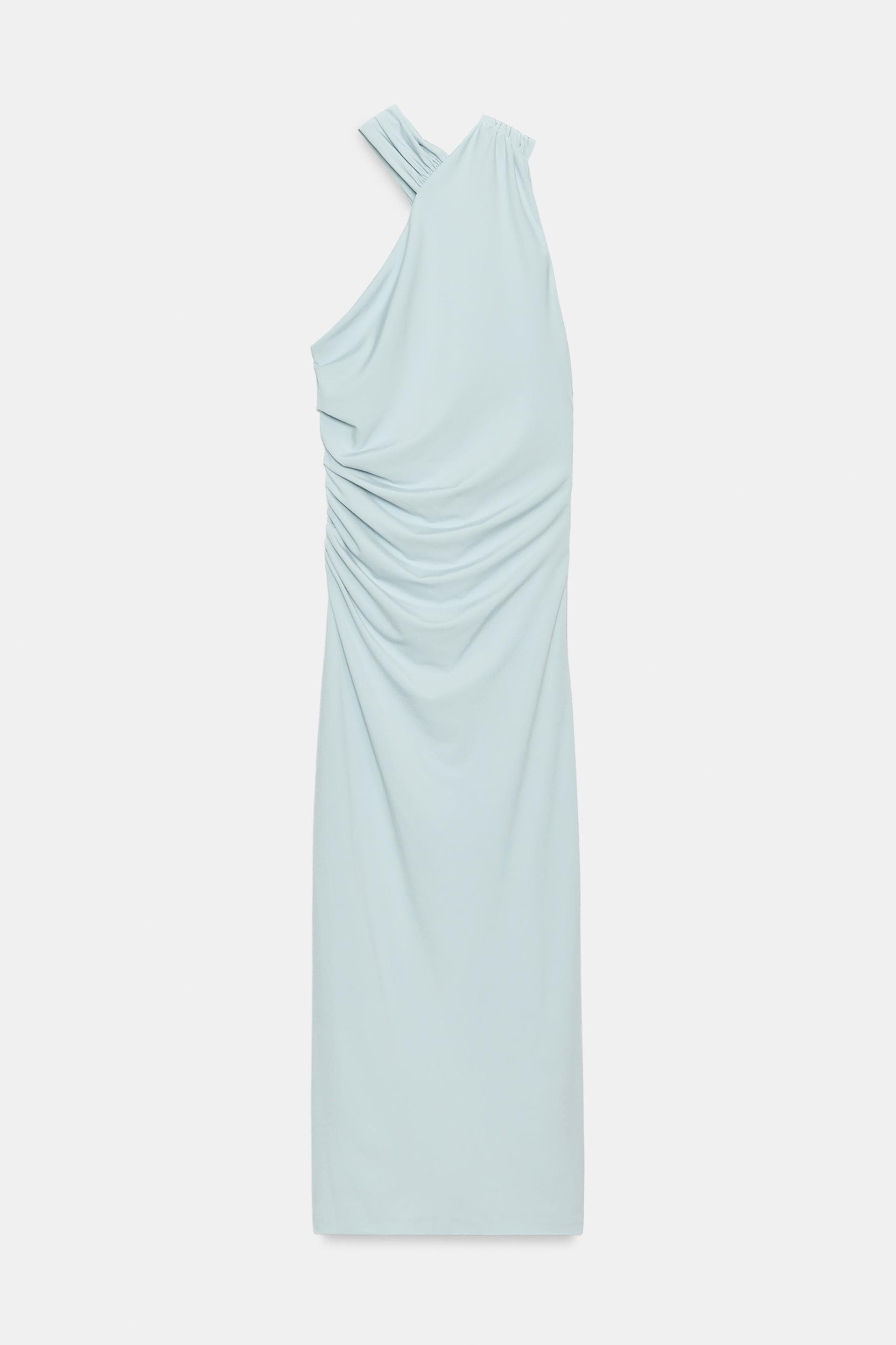 Product photo: water-blue asymmetric draped dress, flat lay