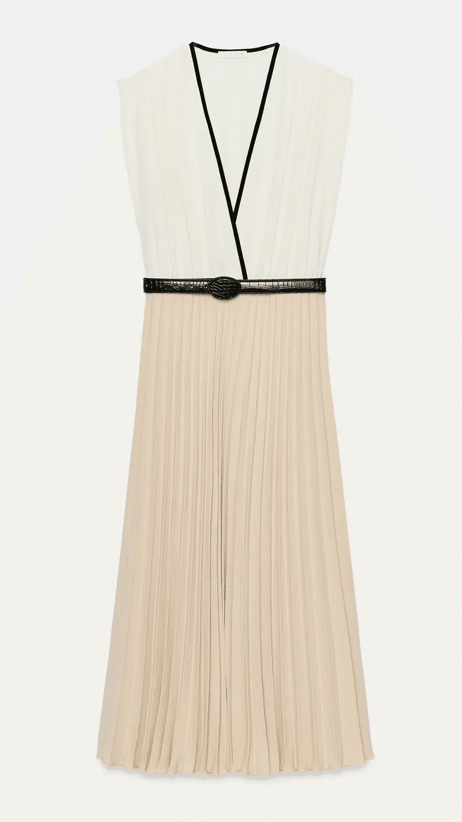 Product photo: two-tone pleated midi dress with black belt