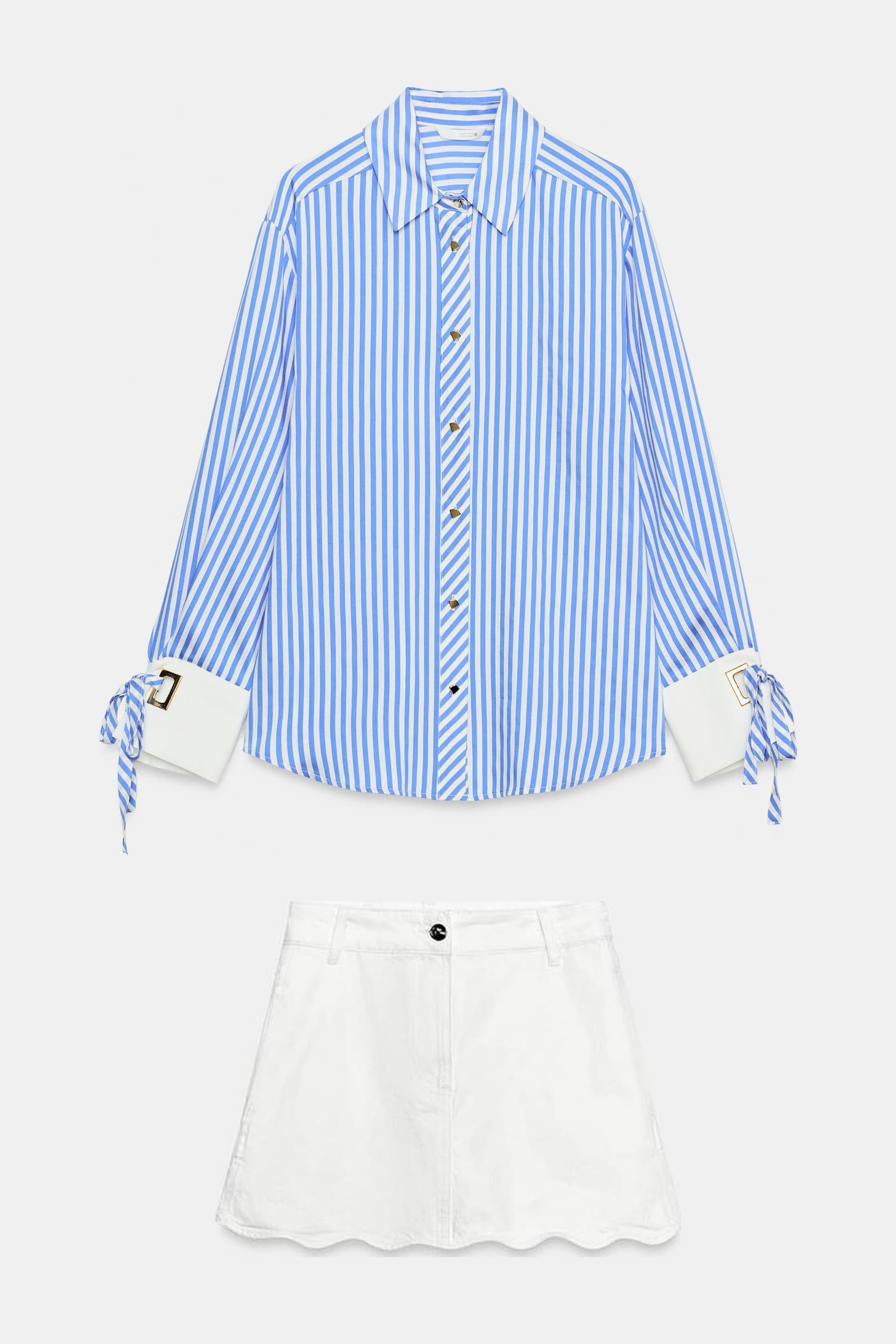Product photo: blue striped shirt and white scalloped skirt combined