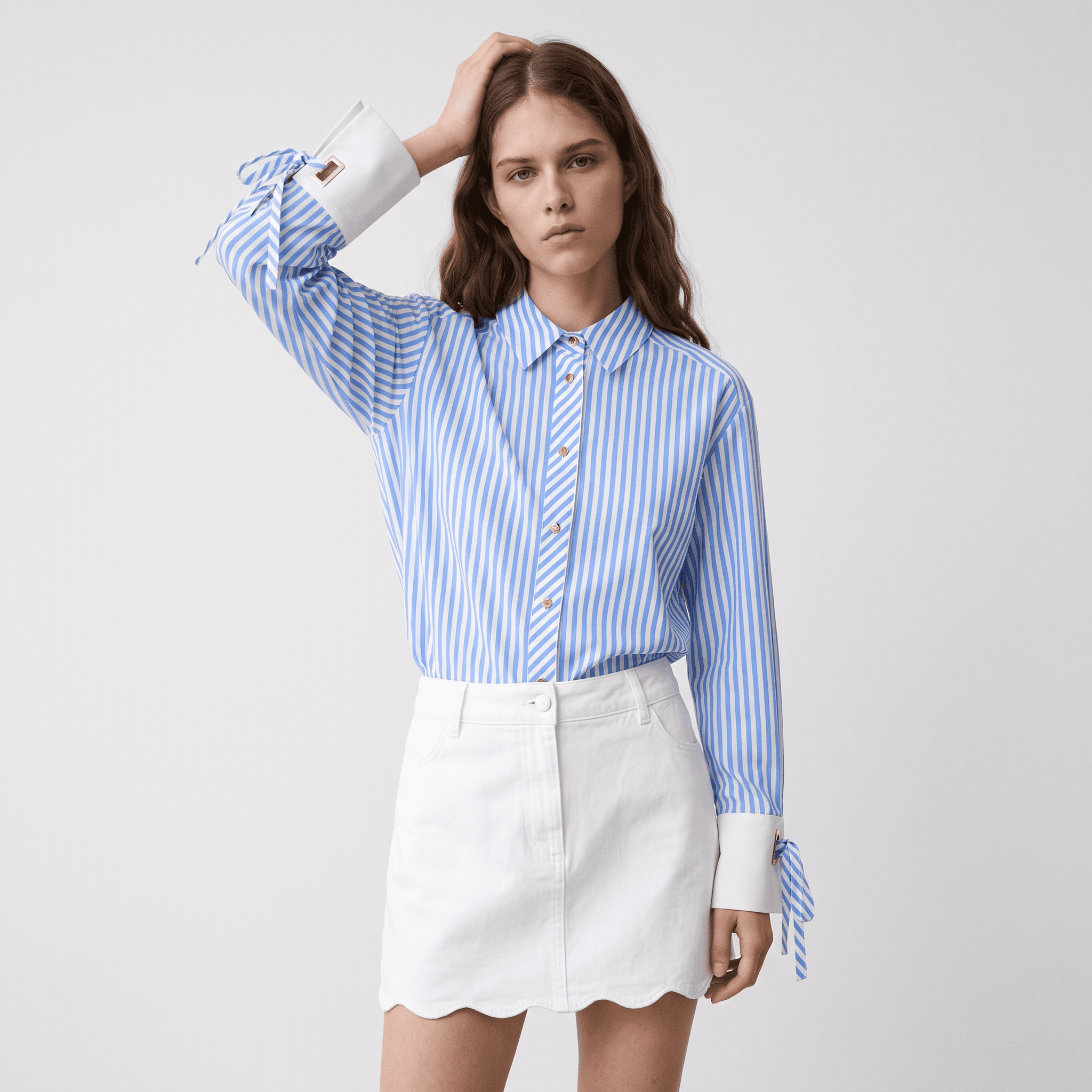 AI model wearing the striped shirt and scalloped skirt, generated by ClothesLook