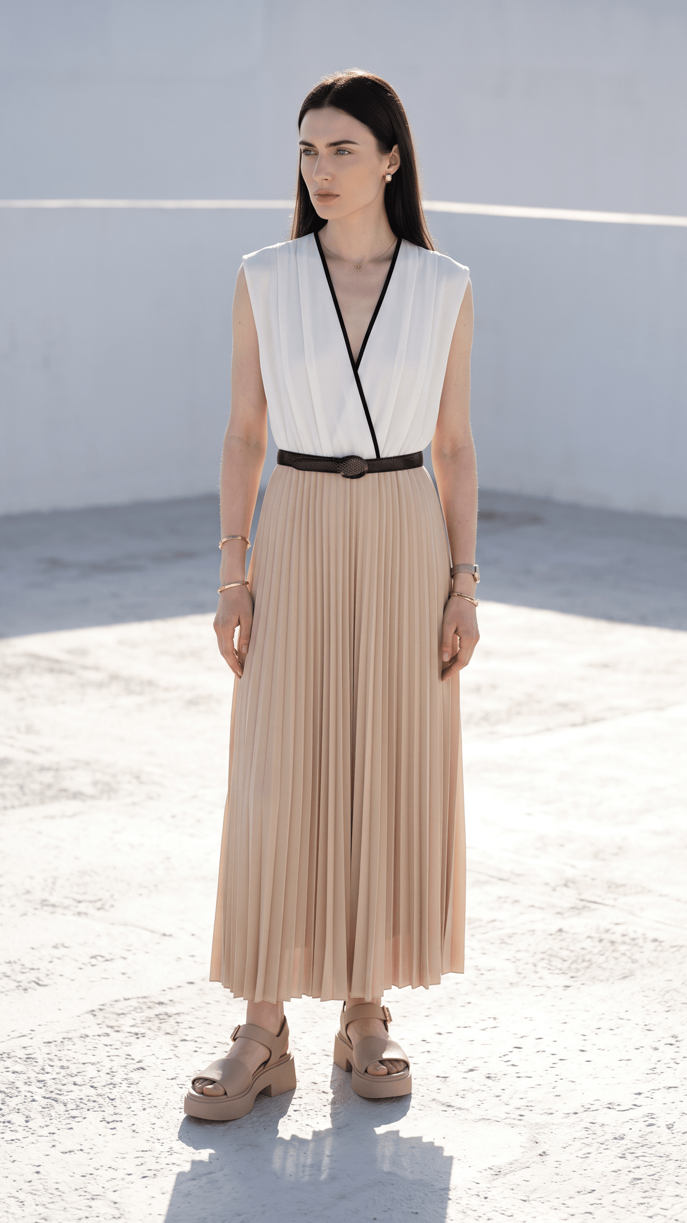 The model wearing the pleated dress on the terrace, generated by ClothesLook